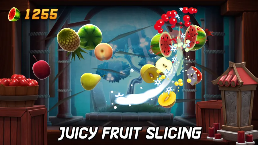 Fruit Ninja 2 arena with fruit being sliced mid-air